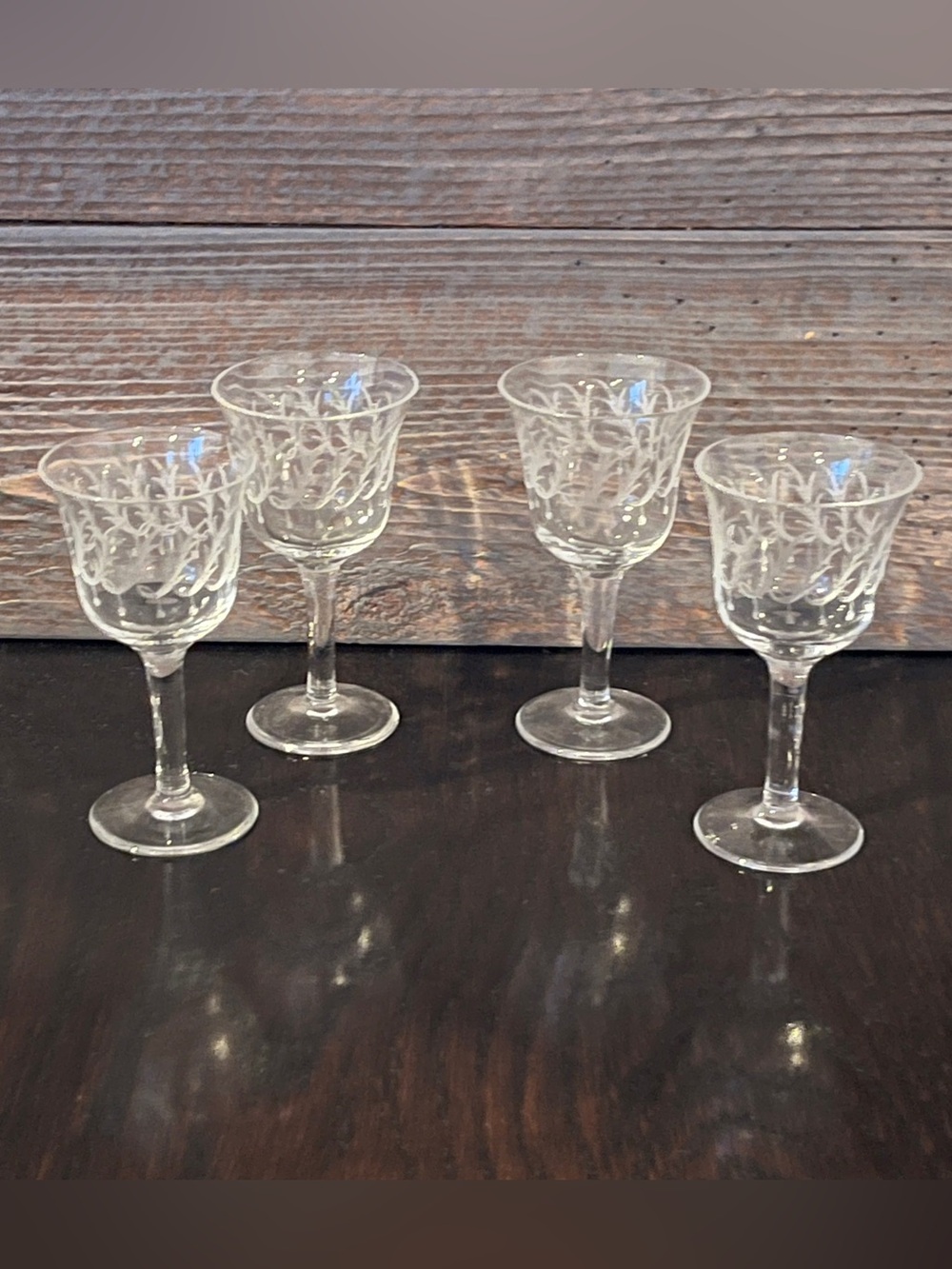 Set of 4 Vintage Etched Cordial Glasses